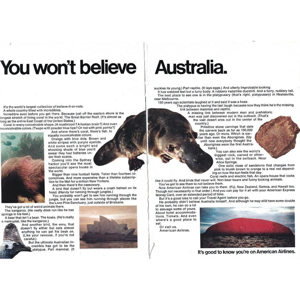 American Airlines Australia Believe It Or Not Advertising Print Ad 1970 2 Page